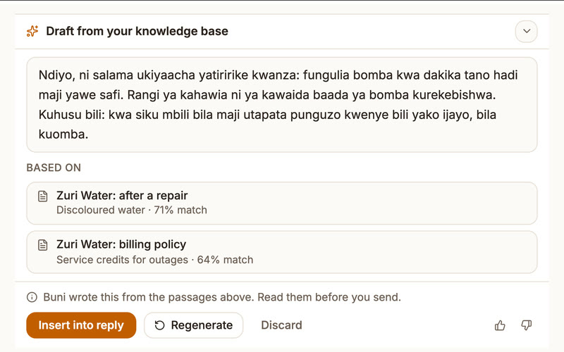 A reply drafted in Swahili from a water utility’s English knowledge base, with the two passages it was based on and buttons to insert it, regenerate it or discard it.