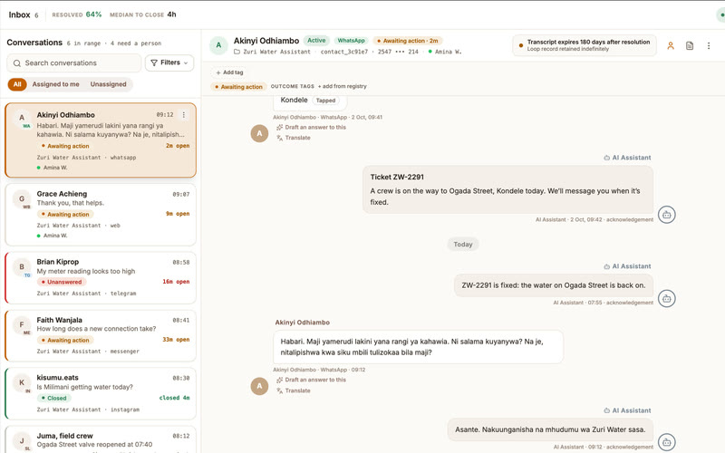 The Inbox queue: conversations from WhatsApp, web chat, Telegram, Messenger, Instagram and Slack in one list, each with its state, its channel and how long it has been open.