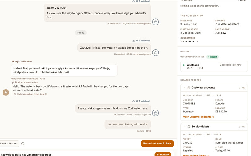 Beside the conversation, the customer’s profile: her WhatsApp identity, and her account and repaired ticket from the utility’s own records, matched on her phone number.