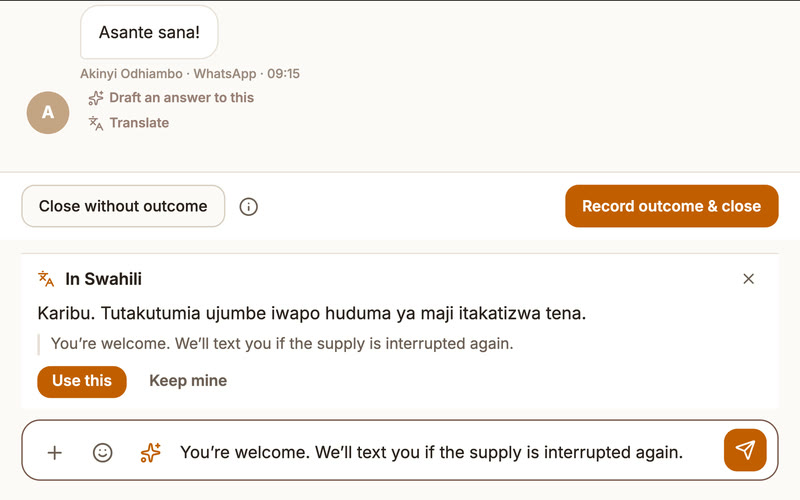An agent’s English reply translated into Swahili before sending, shown above her own words, with a choice to use the translation or keep hers.